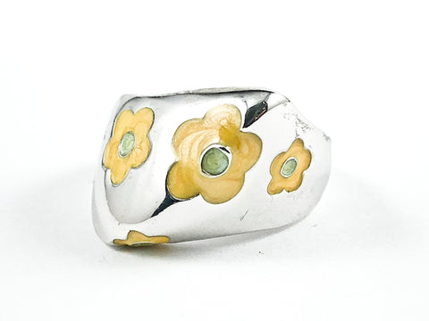 Unique Geometric Shape Form Shiny Metallic With Yellow Flower Enamel Design Elements Silver Ring