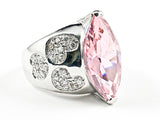 Beautiful Large Center Marquise Shape Pink CZ With Heart CZ Design Sides Silver Ring