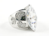 Beautiful Large Center Marquise Shape CZ With Heart CZ Design Sides Silver Ring