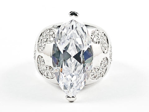 Beautiful Large Center Marquise Shape CZ With Heart CZ Design Sides Silver Ring