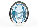 Elegant Simple Oval Shape Detailed Center Aquamarine Color CZ Silver Ring