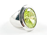 Elegant Simple Oval Shape Detailed Center Light Green Peridot Color CZ Silver Ring