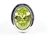 Elegant Simple Oval Shape Detailed Center Light Green Peridot Color CZ Silver Ring