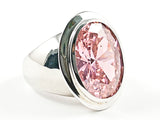 Elegant Simple Oval Shape Detailed Center Pink Color CZ Silver Ring