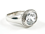 Simple Oval Shape Center CZ With Textured Frame Silver Ring