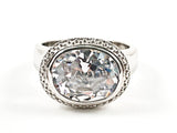 Simple Oval Shape Center CZ With Textured Frame Silver Ring