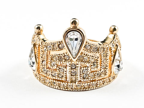 Unique Layered Geometric CZ Pattern Crown Shape Form Gold Tone Silver Ring