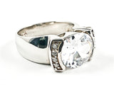 Beautiful Classic Single Center Oval Shape CZ With Micro CZs Sides Silver Ring
