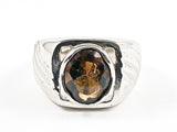 Classic Center Brown Oval Shape CZ With Textured Sides Design Silver Ring