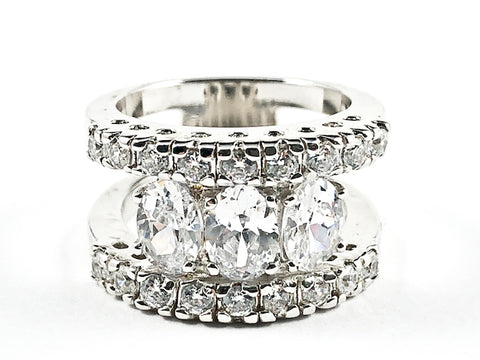 Unique  3 Oval Shape Center CZs With thin Upper & Bottom CZ Band Open Design Silver Ring