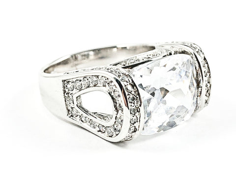 Classic Unique Center Rectangle Shape CZ With Oval Shape Open Side Design Silver Ring
