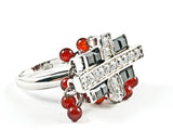 Unique Rectangle Shape Black CZs With Cross CZ Design Small Red Ball Dangling Charms Frame Silver Ring