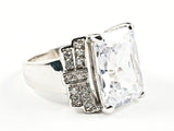 Elegant Unique Center Rectangle Shape CZ With Layered CZ Sides Silver Ring