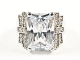 Elegant Unique Center Rectangle Shape CZ With Layered CZ Sides Silver Ring