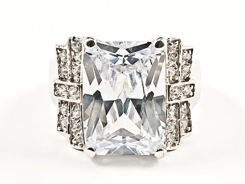 Elegant Unique Center Rectangle Shape CZ With Layered CZ Sides Silver Ring