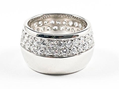 Elegant Half CZ Half Shiny Metallic Design Eternity Silver Band Ring