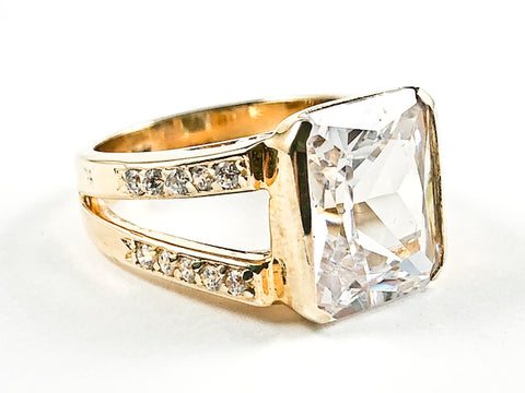 Elegant Classic Rectangle Cut Detailed Center CZ With Open Frame Band Style Gold Tone Silver Ring