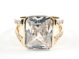 Elegant Classic Rectangle Cut Detailed Center CZ With Open Frame Band Style Gold Tone Silver Ring
