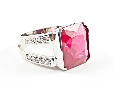 Elegant Classic Rectangle Cut Detailed Center Red CZ With Open Frame Band Style Silver Ring
