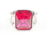 Elegant Classic Rectangle Cut Detailed Center Red CZ With Open Frame Band Style Silver Ring