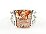 Elegant Classic Rectangle Cut Detailed Center Topaz CZ With Open Frame Band Style Silver Ring