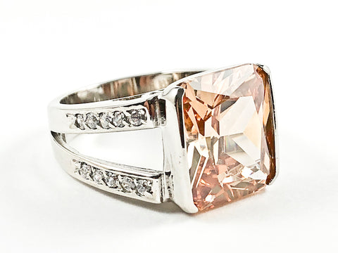 Elegant Classic Rectangle Cut Detailed Center Topaz CZ With Open Frame Band Style Silver Ring