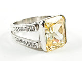 Elegant Classic Rectangle Cut Detailed Center Yellow CZ With Open Frame Band Style Silver Ring