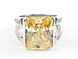 Elegant Classic Rectangle Cut Detailed Center Yellow CZ With Open Frame Band Style Silver Ring