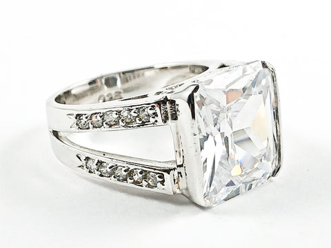 Elegant Classic Rectangle Cut Detailed Center CZ With Open Frame Band Style Silver Ring