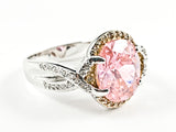 Elegant Center Oval Shape Pink CZ With Unique Twist Band & Setting Silver Ring