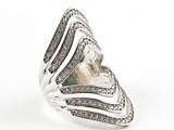 Beautiful Long Open Multi Level Layer Design CZ Silver Tone Silver Ring