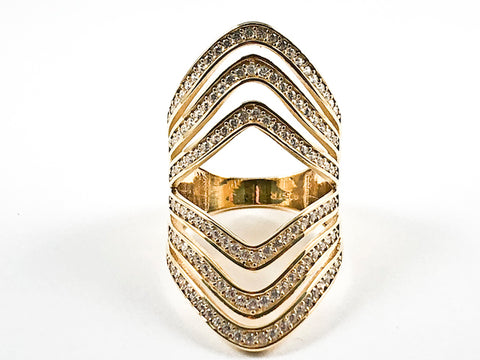 Beautiful Long Open Multi Level Layer Design CZ Gold Tone Silver Ring