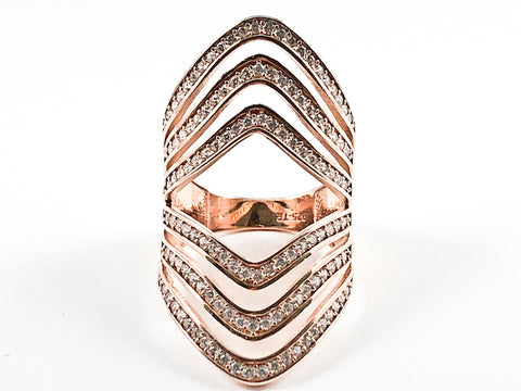 Beautiful Long Open Multi Level Layer Design CZ Pink Gold Tone Silver Ring