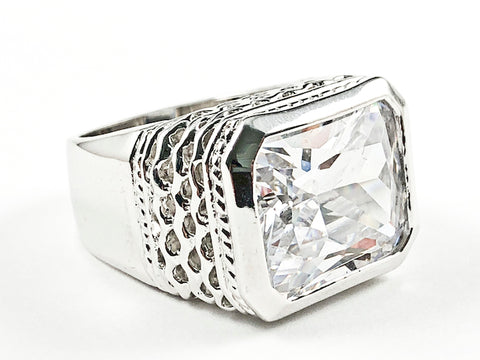 Beautiful Rectangle Shape Single Detailed Cut CZ Shiny Metallic Finish Silver Ring