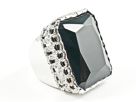 Nice Large Rectangle Shape Single Black Detailed Cut CZ Thick Style Silver Ring.