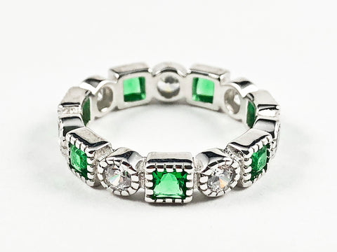 Elegant Beautiful Round & Green Square CZ Eternity Silver Band Ring