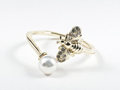 Cute Dainty Bee & Pearl Duo Wrap Style Gold Tone Silver Ring
