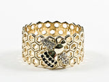 Elegant Bee Charm With Honey Comb Textured Band Style Gold Tone Silver Ring