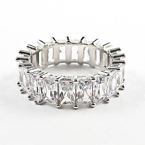Elegant Fine Sharp Rectangle Cut CZ Eternity Silver Ring