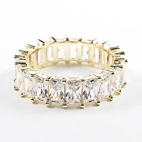 Elegant Fine Sharp Rectangle Cut CZ Gold Tone Eternity Silver Ring