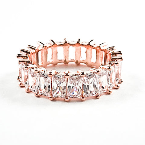 Elegant Fine Sharp Rectangle Cut CZ Pink Gold Tone Eternity Silver Ring