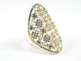 Elegant Long Multi  Baguette CZ Detailed Pattern Gold Tone Silver Ring