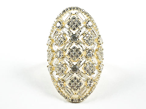 Elegant Long Multi  Baguette CZ Detailed Pattern Gold Tone Silver Ring