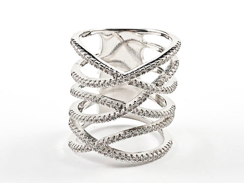 Elegant Multi Level X Crossover CZ Design Thick Silver Ring