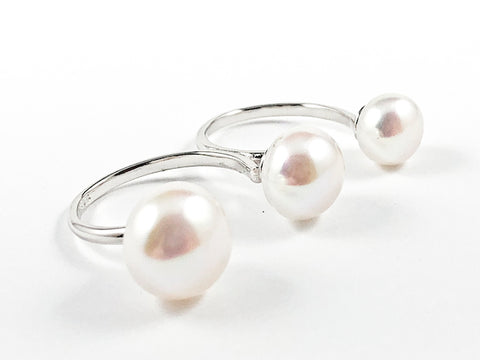 Unique Center Pearl Double Two Finger Silver Ring