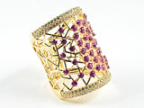 Elegant Long Rectangle Shape Open Fuchsia Color CZ Scattered Pattern Gold Tone Silver Ring