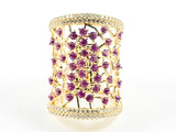 Elegant Long Rectangle Shape Open Fuchsia Color CZ Scattered Pattern Gold Tone Silver Ring