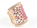 Elegant Long Rectangle Shape Open Fuchsia Color CZ Scattered Pattern Pink Gold Tone Silver Ring