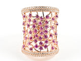 Elegant Long Rectangle Shape Open Fuchsia Color CZ Scattered Pattern Pink Gold Tone Silver Ring