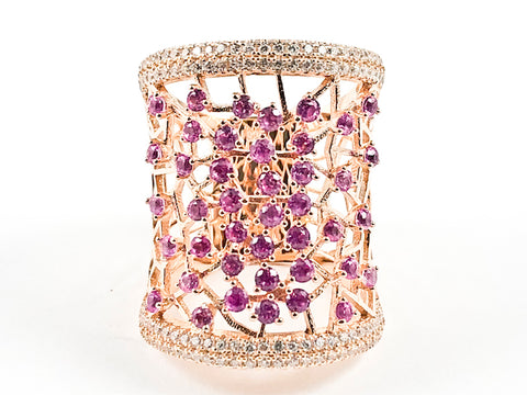Elegant Long Rectangle Shape Open Fuchsia Color CZ Scattered Pattern Pink Gold Tone Silver Ring